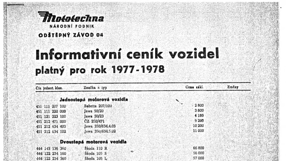 Ceník Mototechna 1977-1978