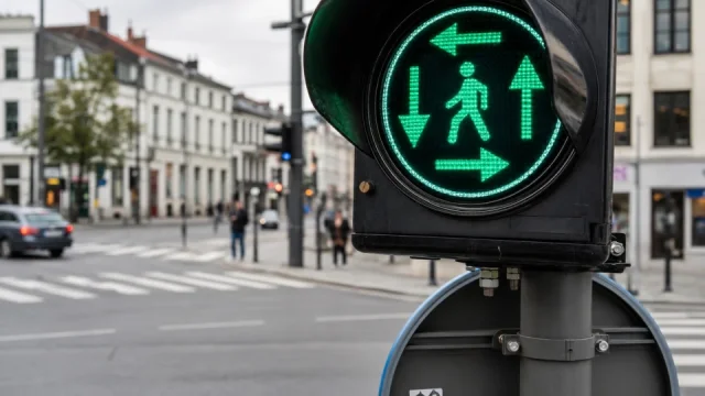 Panáček a kolem něj šipky. Zvláštní symbol na přechodu dovoluje chodcům víc než běžná zelená